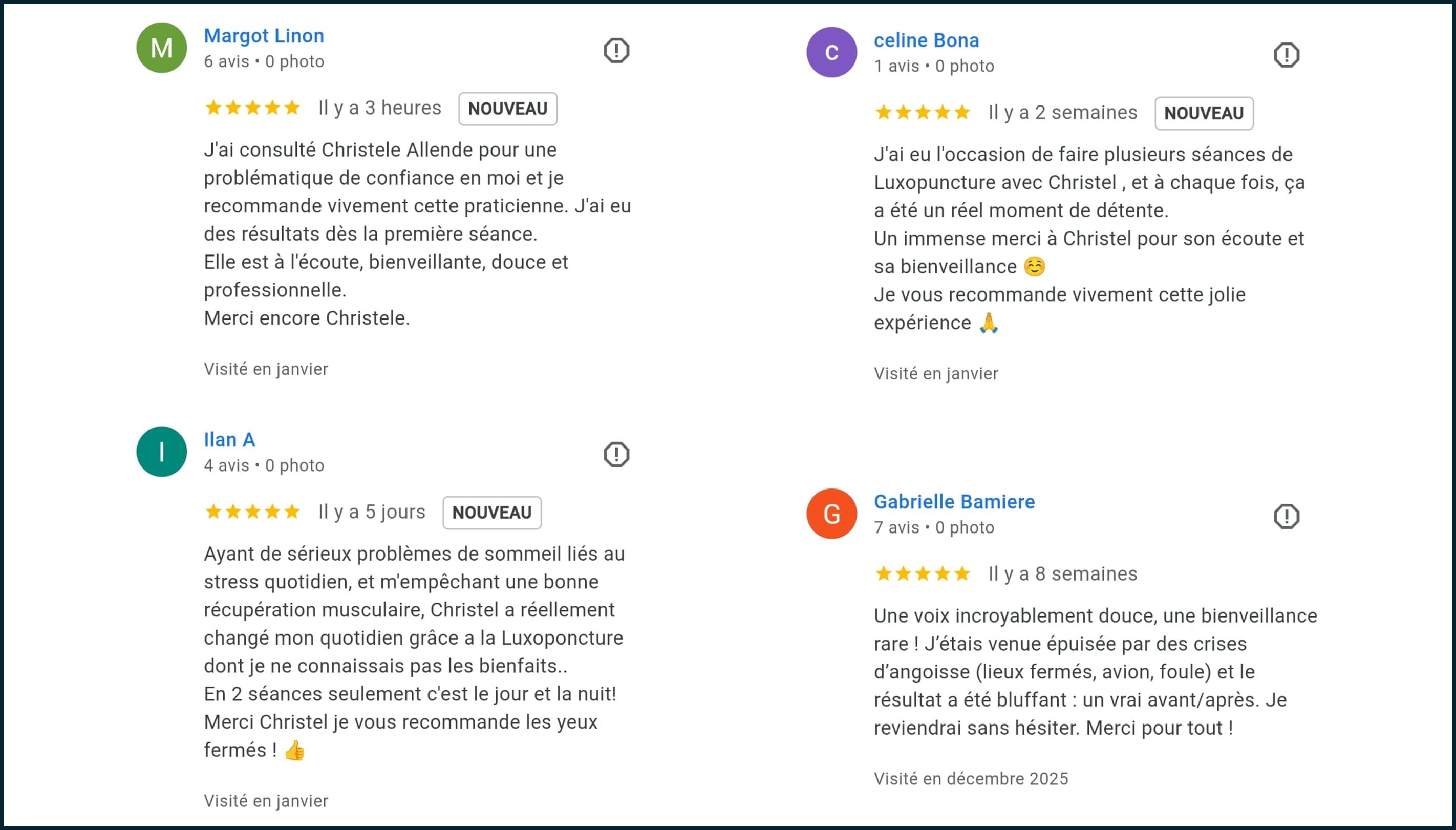 Avis clients récents sur Christel Allende praticienne en Hypnose et en Luxopuncture sur Nice