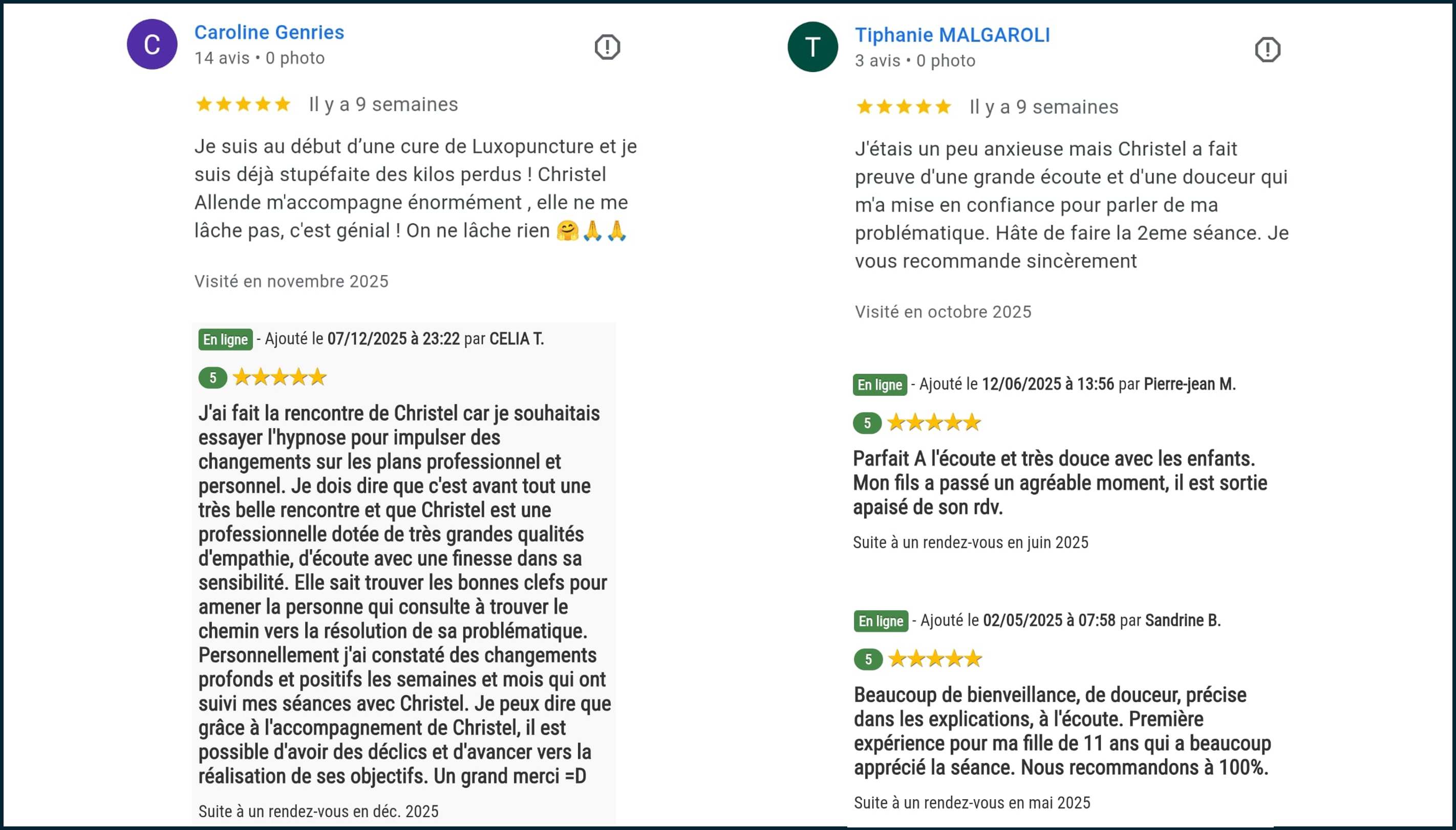 Avis clients récents sur Christel Allende praticienne en Hypnose et en Luxopuncture sur Nice