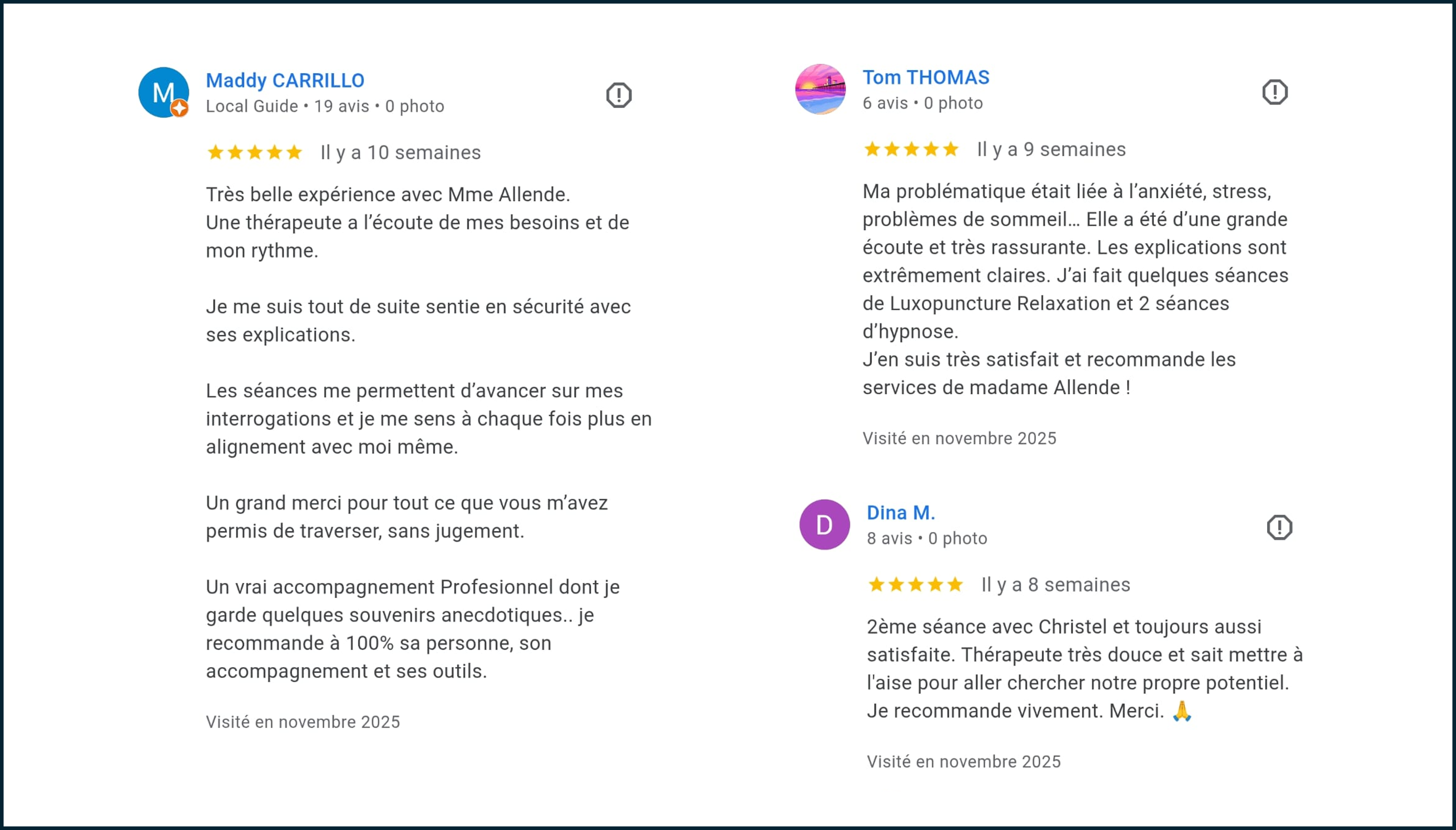 Avis clients récents sur Christel Allende praticienne en Hypnose et en Luxopuncture sur Nice