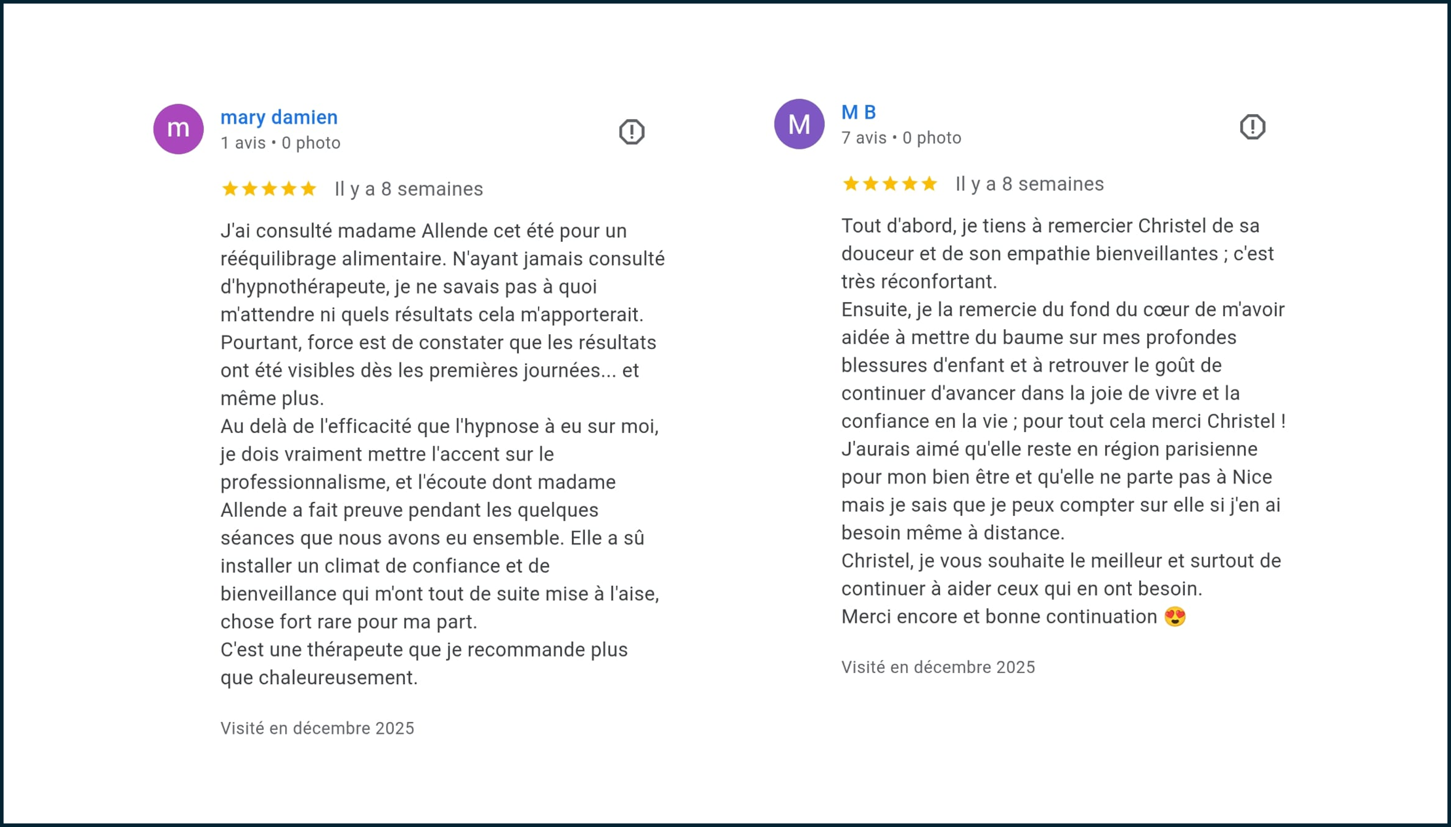 Avis clients récents sur Christel Allende praticienne en Hypnose et en Luxopuncture sur Nice